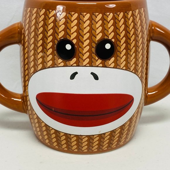 Double Handle Sock Monkey Galerie Cup Hot Cocoa Coffee Mug Brown 16oz - Picture 5 of 9
